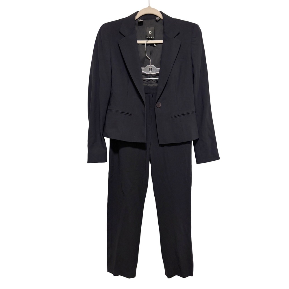 DKNY Womens 2 Piece Wool Blend Pant Suit With Blazer Black Size 2